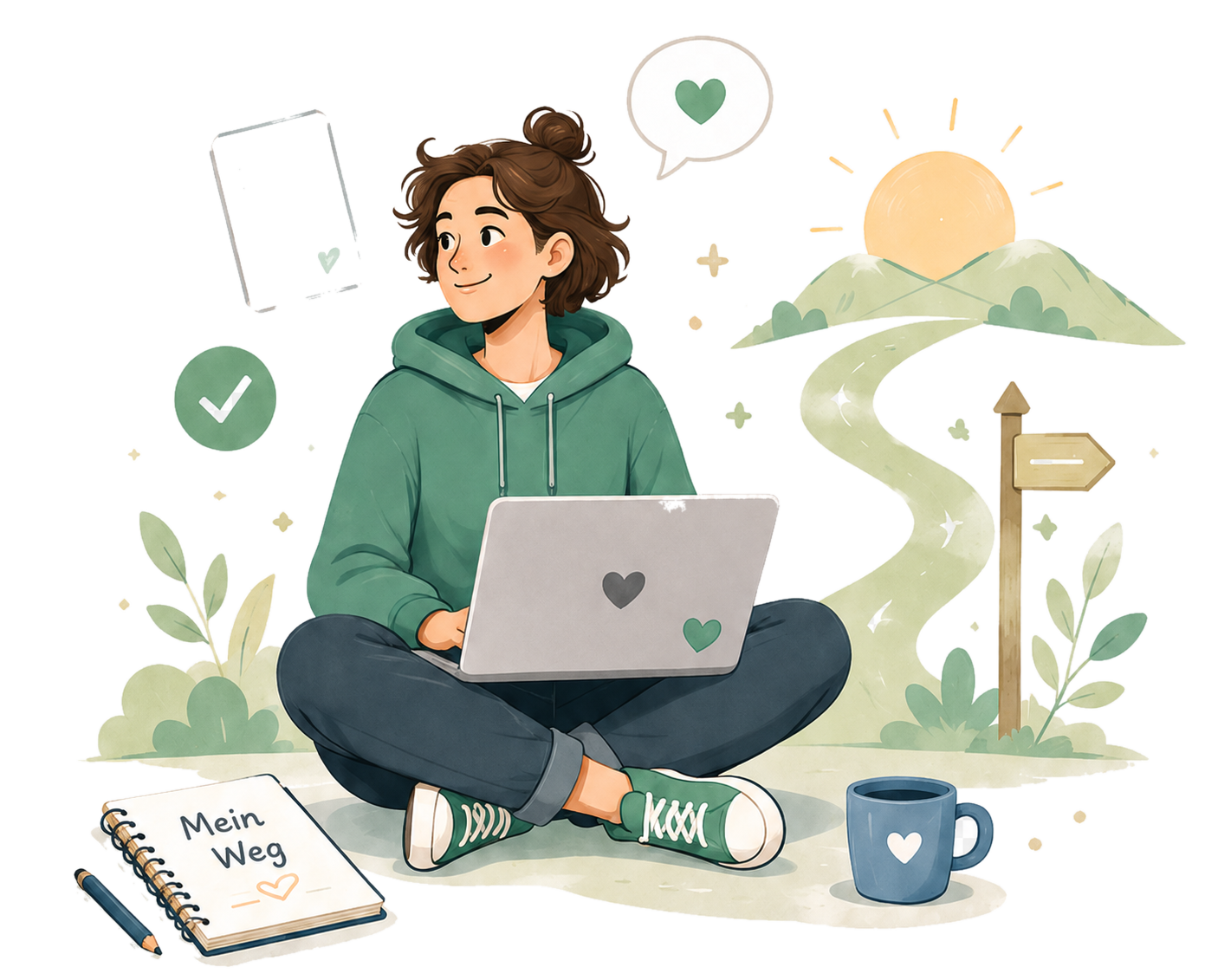 Junge Person mit Laptop, Notizbuch und einem Wegweiser